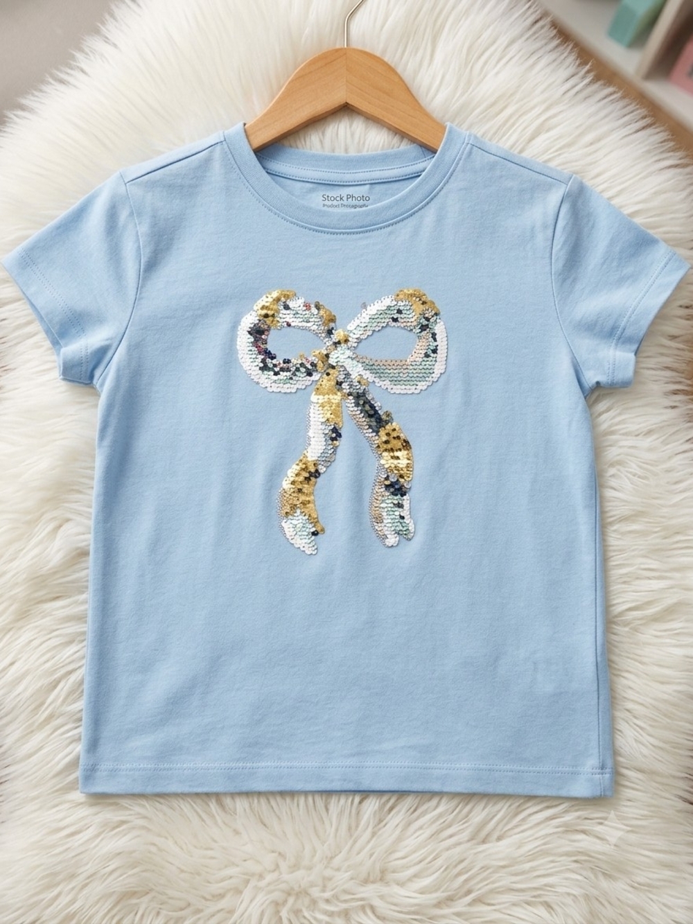 Cat & Jack Light Blue Short Sleeve Tee with Reversible Sequin Bow
